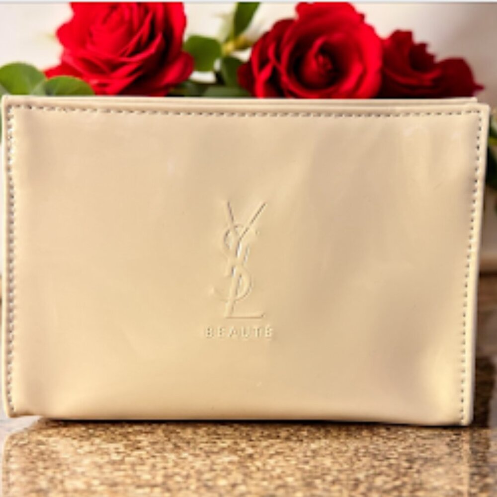 NWOT YSL Patent-Leather Cosmetic Bag~ NUDE~ YSL Beauty GWP~ Logo Embossed (BB4)